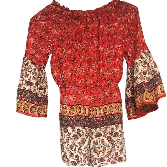 NWT Angie Girls Red Summer Romper Jumpsuit Elastic Neck Waist Wide Long Sleeves - Picture 6 of 8